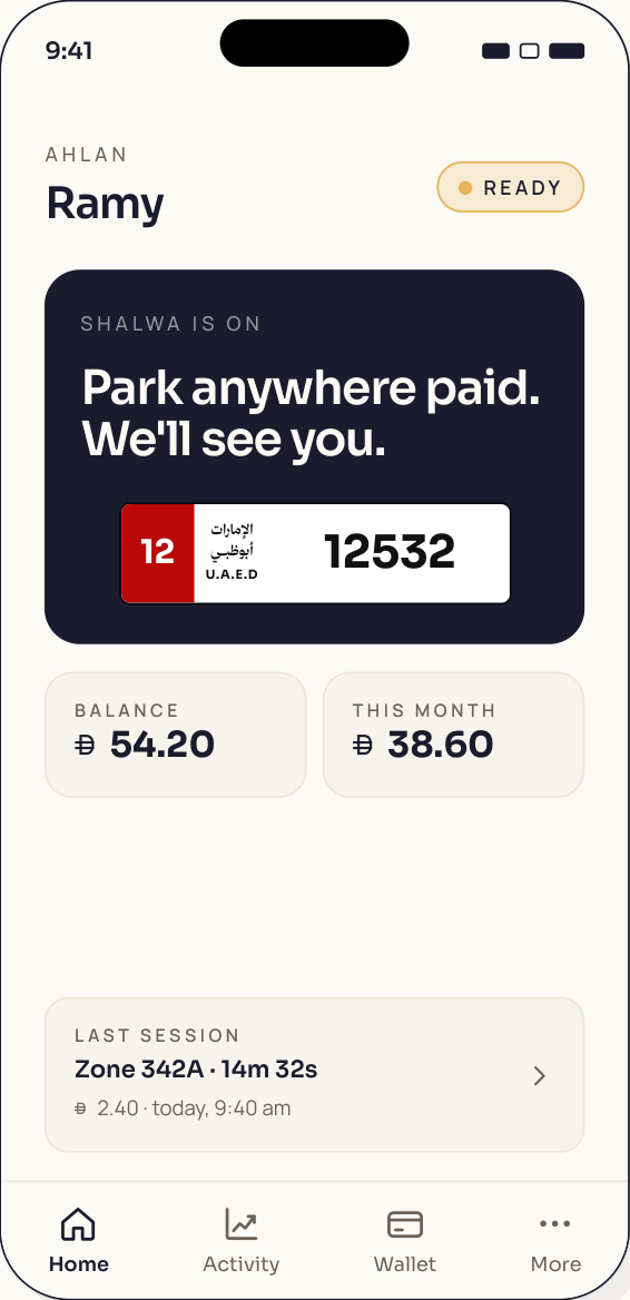 The shalwa app home screen — shalwa is on, the wallet balance, and the last parking session.
